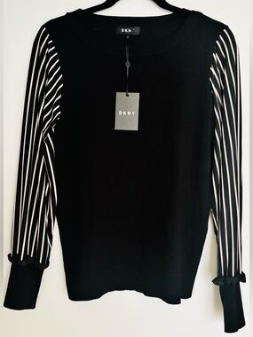 DKNY Black Sweater with Black & White see through Striped Sleeves